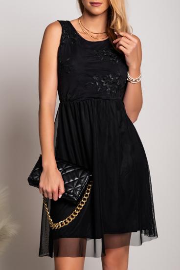 Elegantné šaty s okrúhlym výstrihom a detailom výšivky Dilana - čierna