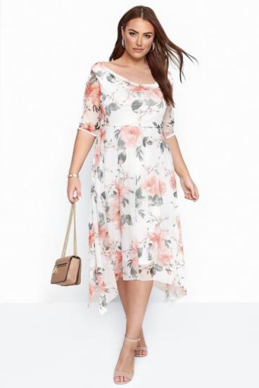 Midi šaty s krátkym rukávom a voľnou sukňou s kvetinovým vzorom Thiene, biele