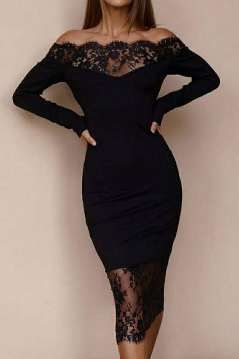 Elegantné midi šaty s dlhým rukávom a priesvitnou čipkou Avignon, čierne