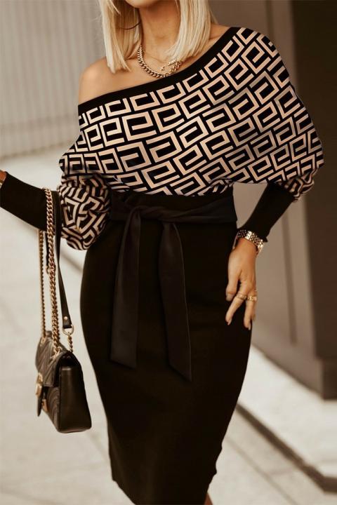 Elegantné midi šaty s geometrickou potlačou a lodičkovým výstrihom Serenna, čierne