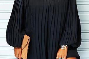 Elegantné plisované mini šaty s dlhými voľnými rukávmi Cremona, čierne