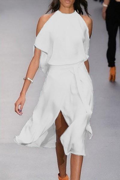 Elegantné midi šaty s rozparkom Thiena, biele