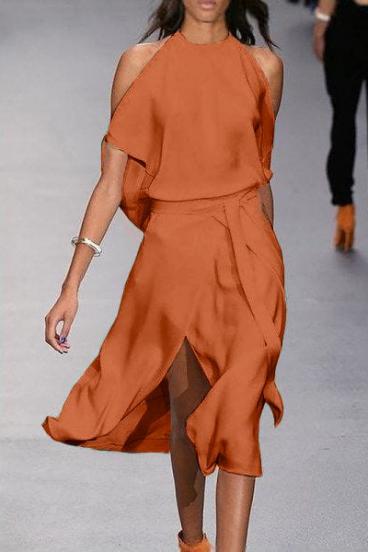 Elegantné midi šaty s rozparkom Thiena, oranžové