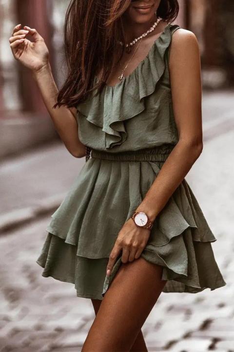 Elegantné mini šaty s volánikmi Caltana, olivové