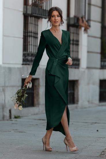 Elegantné midi šaty s 3/4 rukávmi Brynlee, tmavo zelené