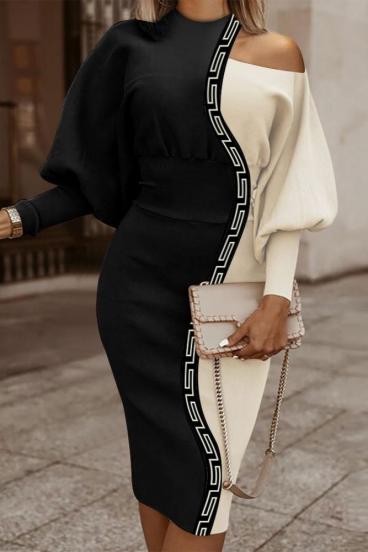 Elegantné midi šaty s geometrickou potlačou, čierna a béžová