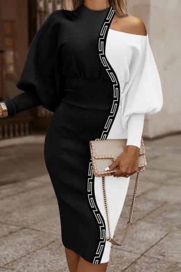 Elegantné midi šaty s geometrickou potlačou, čiernobiele