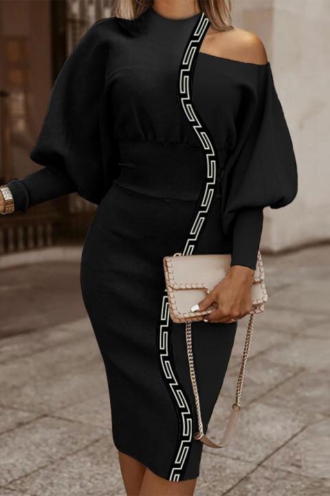 Elegantné midi šaty s geometrickou potlačou, čierne