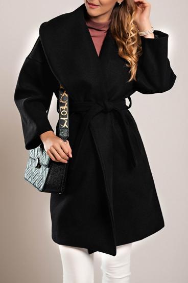 Elegantný krátky kabát so sťahovacím golierom, čierny
