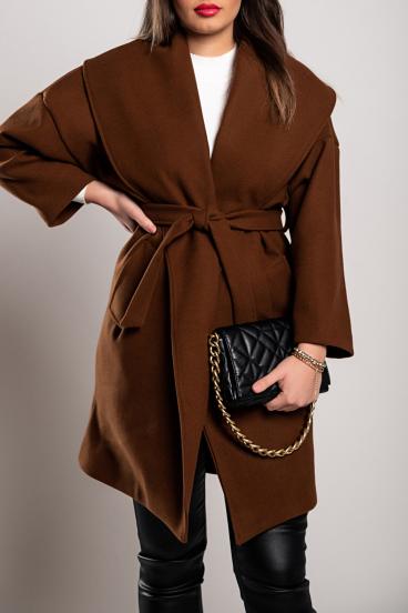 Elegantný krátky kabát so sťahovacím golierom, hnedý