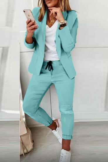 Elegantný jednofarebný nohavicový kostým Estrena, tyrkysový