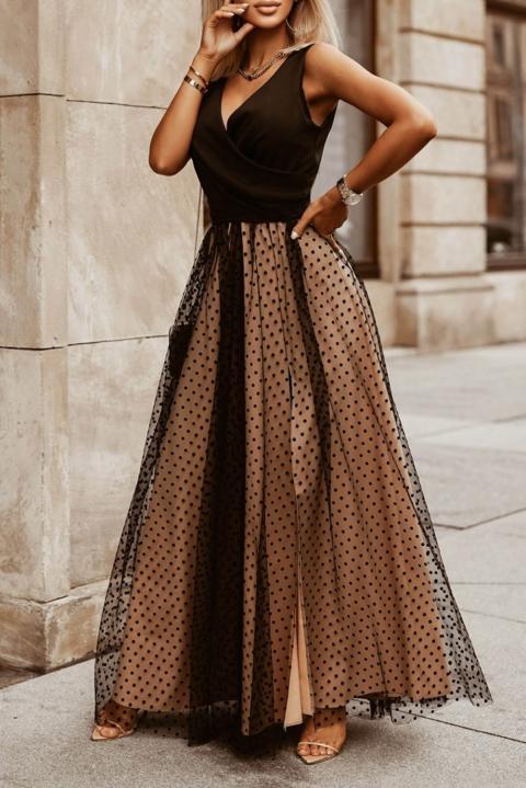 Elegantné maxi šaty s bodkami, čierne