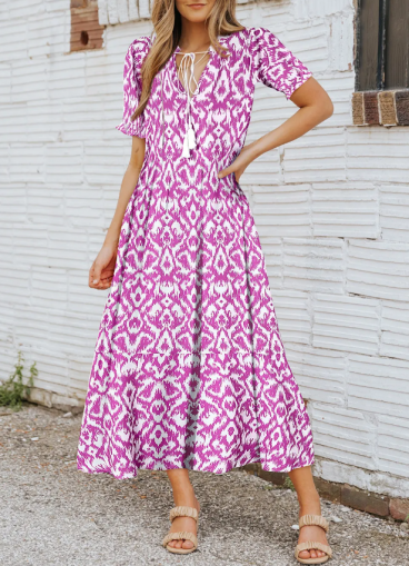 Maxi šaty s geometrickou potlačou, ružové