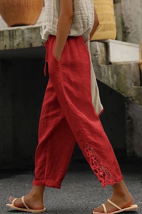 Elegantné bavlnené nohavice s čipkou, červené