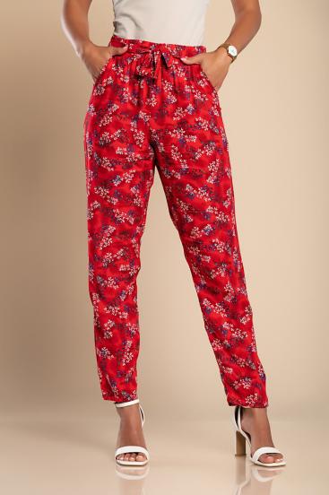 Dlhé bavlnené nohavice s kvetinovou potlačou, červené