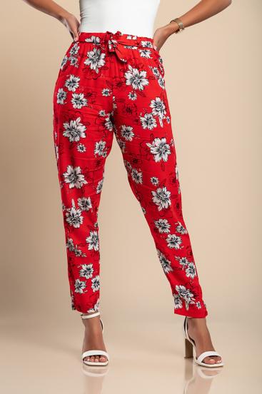 Dlhé bavlnené nohavice s kvetinovou potlačou, červené