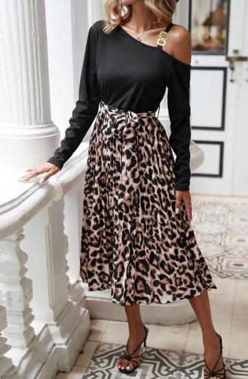 Midi šaty s leopardím vzorom, čierne