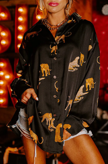 Dlhá košeľa s potlačou geparda, čierna