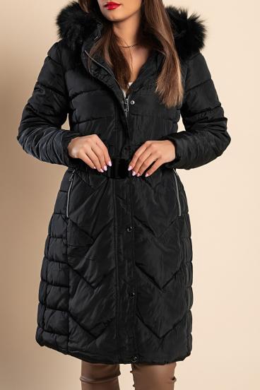 Dlhá vatovaná zimná bunda s kapucňou plus size, čierna
