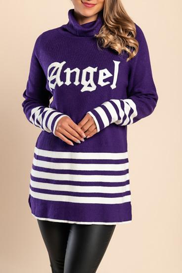 Dlhý pruhovaný sveter s nášivkou, fialový