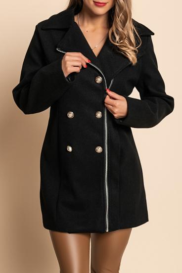 Elegantný kabát na gombíky a zips, čierny