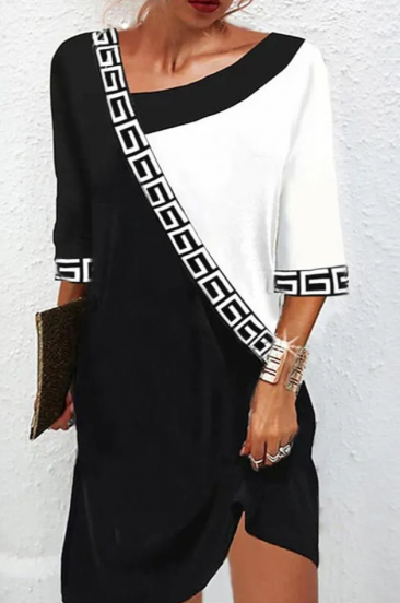 Elegantné šaty s geometrickou potlačou, čierno-biele