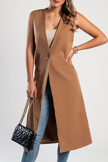 Elegantná dlhá vesta s gombíkom, camel