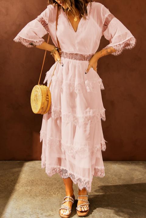 Elegantné midi šaty s priehľadnými čipkovými vsadkami Tiziana, ružové