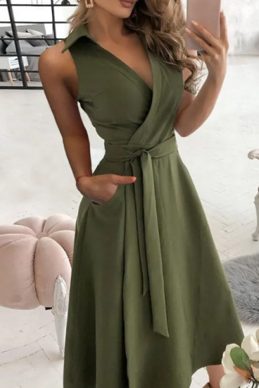Elegantné midi šaty s golierom, olivovo zelené