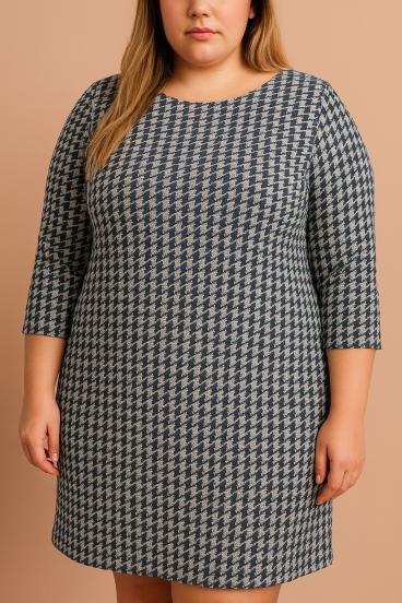 Midi šaty plus size s potlačou pepita, tmavomodré