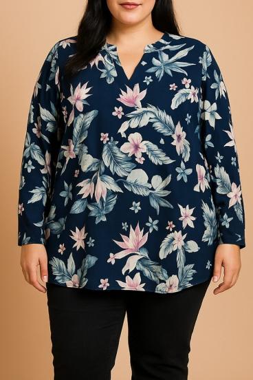 Blúzka plus size s kvetinovou potlačou, tmavomodrá