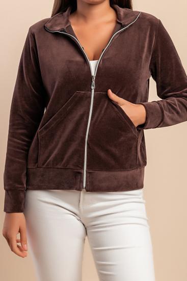 Bavlnená mikina na zips z imitácie zamatu, hnedá