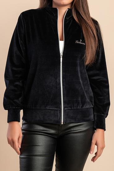 Mikina na zips v imitácii zamatového materiálu, čierna