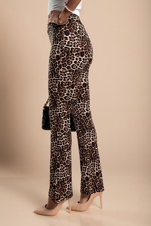 Módne zvonové nohavice s leopardím vrorom, béžové