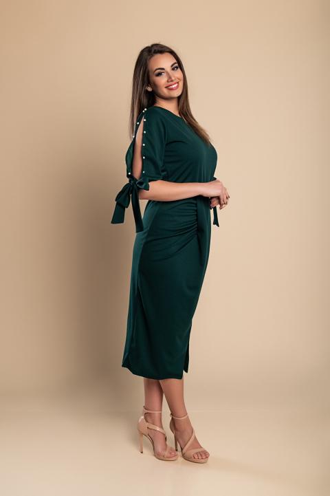 Elegantné midi šaty s 3/4 rukávom, okrúhlym výstrihom a rozparkami s ozdobnými korálkami Peppina, zelené