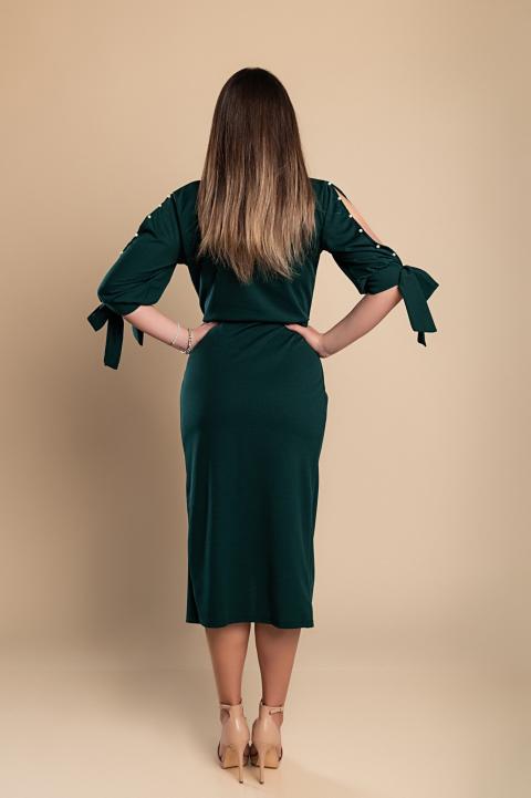 Elegantné midi šaty s 3/4 rukávom, okrúhlym výstrihom a rozparkami s ozdobnými korálkami Peppina, zelené