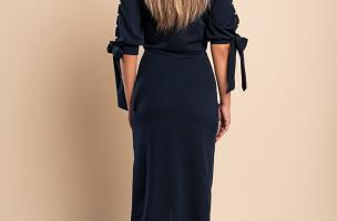 Elegantné midi šaty s 3/4 rukávom, okrúhlym výstrihom a rozparkami s ozdobnými korálkami Peppina, tmavo modré